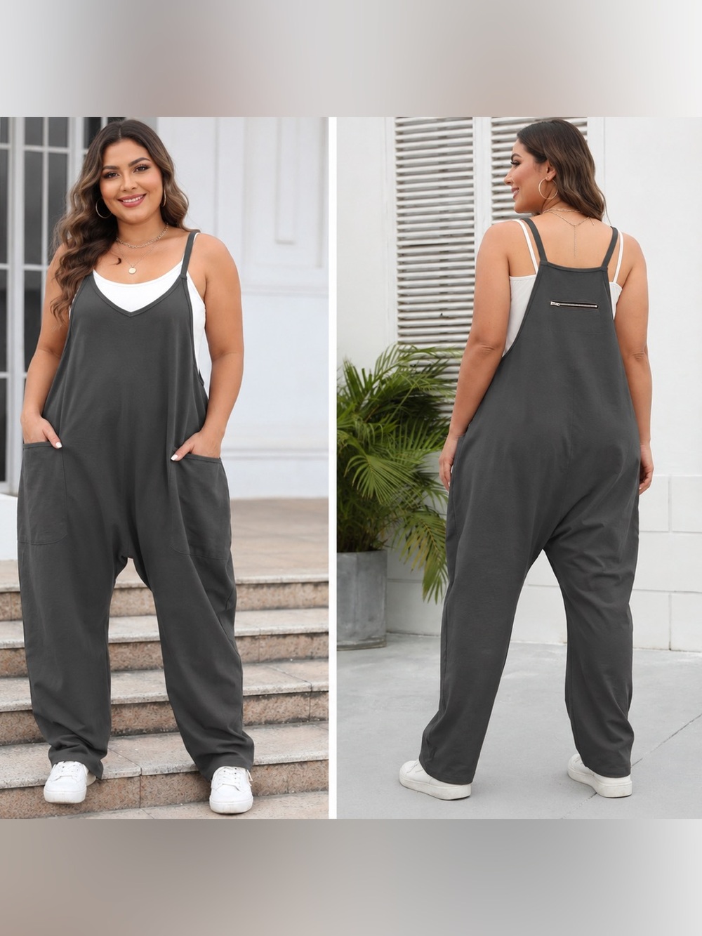 Oufeiya Women’s Casual Sleeveless Baggy Jumpsuit Romper with Pockets Gray XL